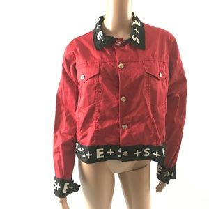 Santo Unisex Denim Jacket Cotton Button Down Red L